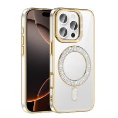 iPhone 16 Pro Max Kılıf Pırlanta Taş Tasarımlı Kablosuz Şarj Özellikli Karetta Silikon Kapak Gümüş