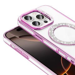 iPhone 16 Pro Max Kılıf Pırlanta Taş Tasarımlı Kablosuz Şarj Özellikli Karetta Silikon Kapak Gümüş