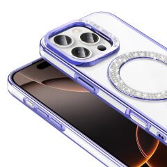 iPhone 16 Pro Max Kılıf Pırlanta Taş Tasarımlı Kablosuz Şarj Özellikli Karetta Silikon Kapak