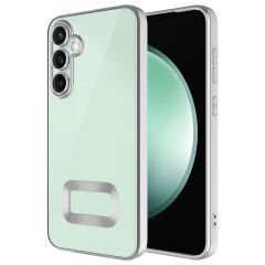 Samsung Galaxy S24 FE Kılıf Logo Gösteren Parlak Kenarlı Kamera Lens Korumalı Şeffaf Omega Silikon Kapak Gold