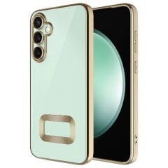 Samsung Galaxy S24 FE Kılıf Logo Gösteren Parlak Kenarlı Kamera Lens Korumalı Şeffaf Omega Silikon Kapak