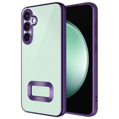 Samsung Galaxy S24 FE Kılıf Logo Gösteren Parlak Kenarlı Kamera Lens Korumalı Şeffaf Omega Silikon Kapak Gold