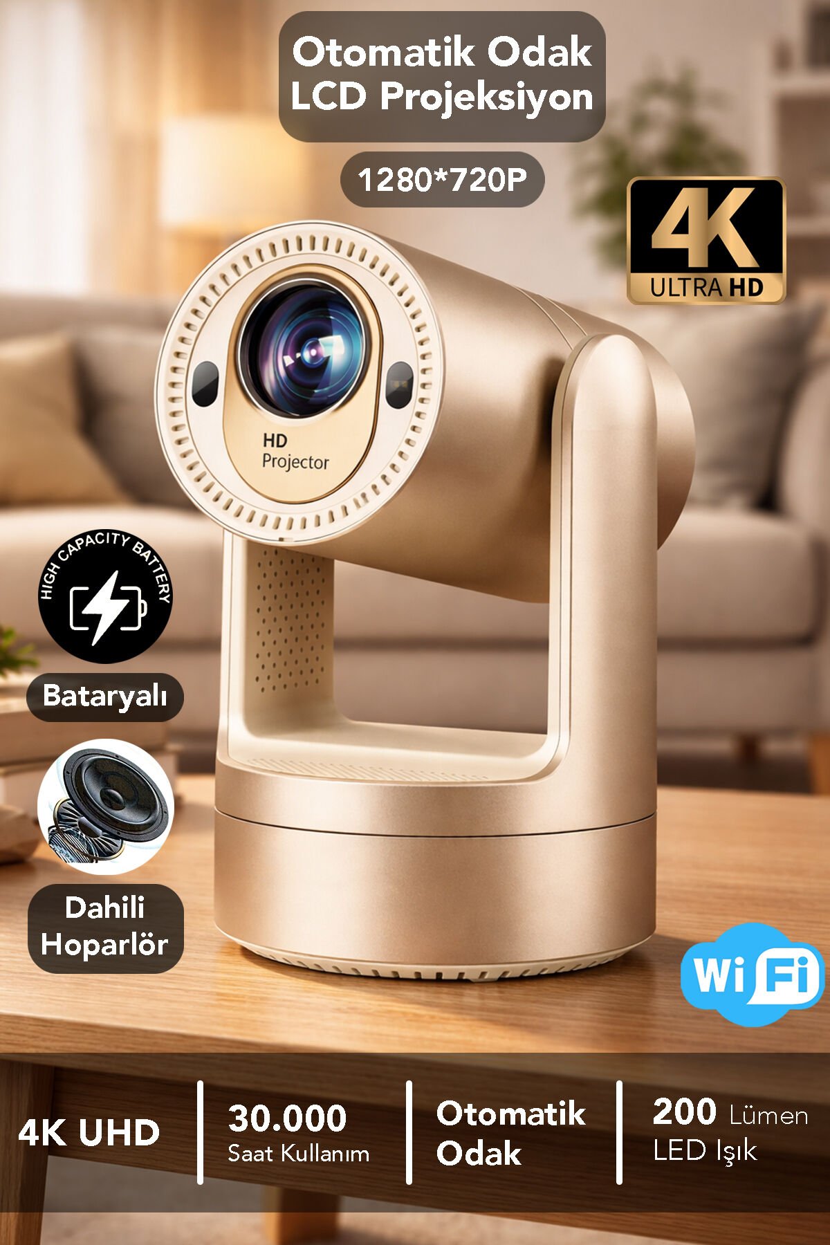 Bataryalı Otomatik Odaklı Projektör - Android Wifi 4K Destekli Ev Sineması Taşınabilir Projeksiyon