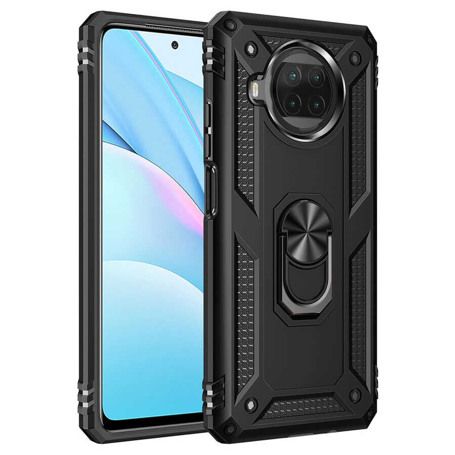 Xiaomi Redmi Note 9 Pro 5G Kılıf Vega Tank Sert Yüzüklü Standlı Zırh Koruma Kapak Siyah