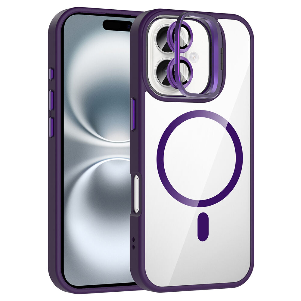 iPhone 16 Kılıf Standlı ve Kamera Lens Hediyeli Kablosuz Şarj Özellikli Etro Kapak Derin Mor
