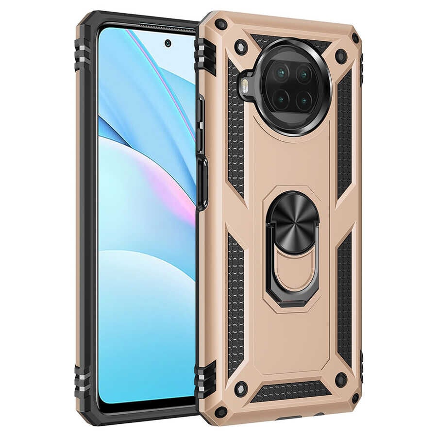 Xiaomi Redmi Note 9 Pro 5G Kılıf Vega Tank Sert Yüzüklü Standlı Zırh Koruma Kapak Gold