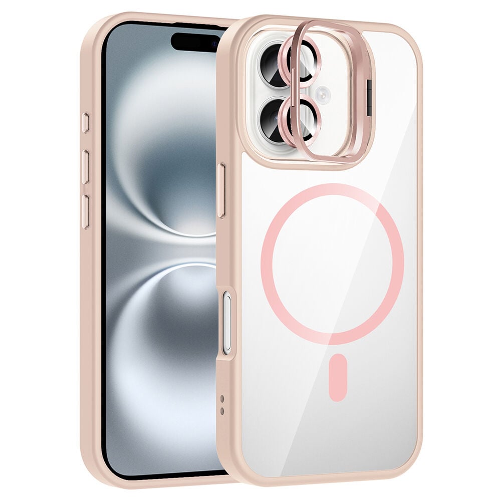iPhone 16 Kılıf Standlı ve Kamera Lens Hediyeli Kablosuz Şarj Özellikli Etro Kapak Pembe
