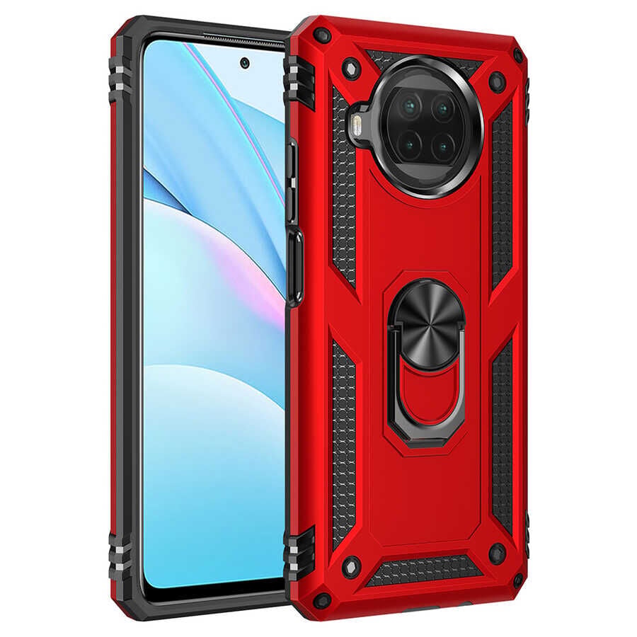 Xiaomi Redmi Note 9 Pro 5G Kılıf Vega Tank Sert Yüzüklü Standlı Zırh Koruma Kapak Kırmızı