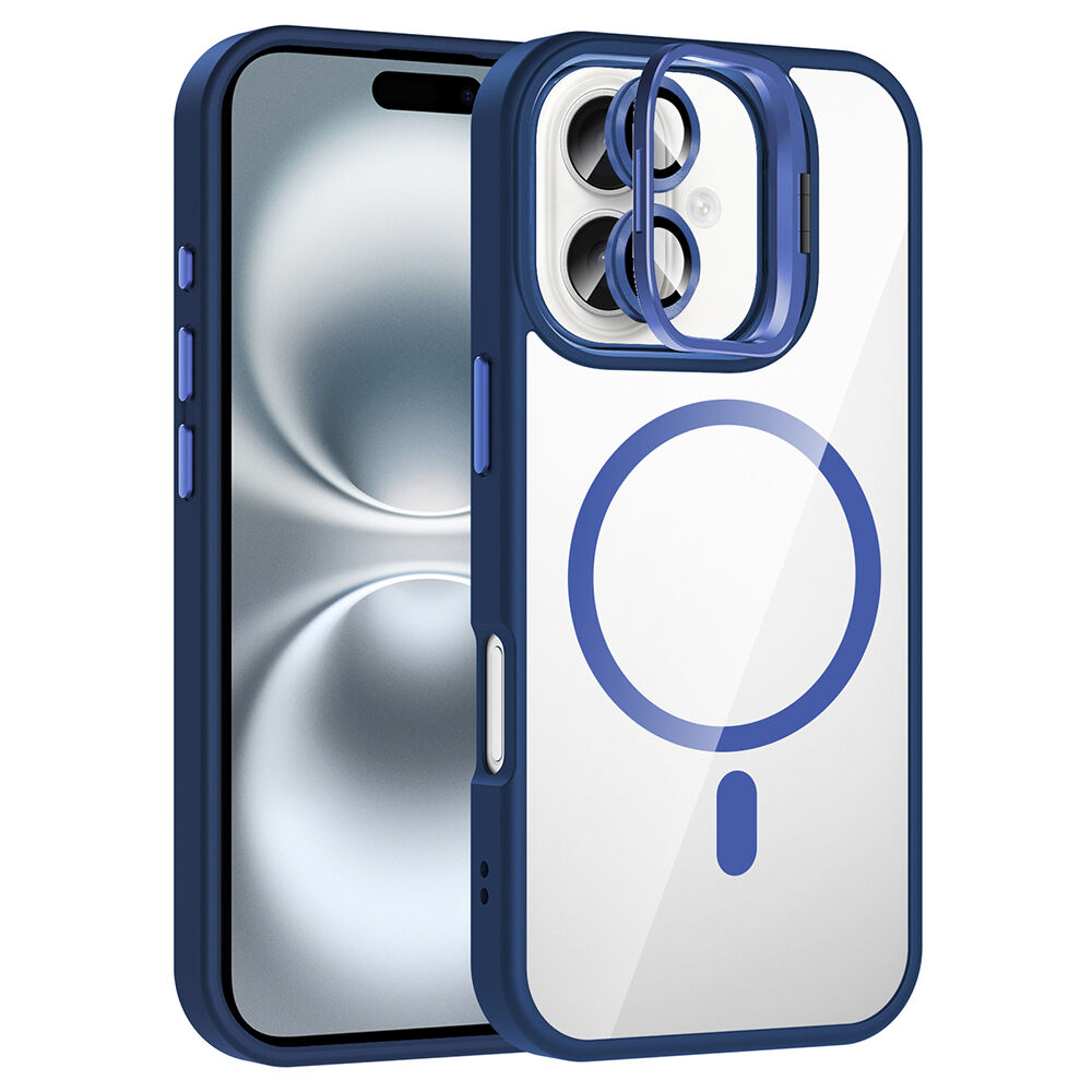 iPhone 16 Kılıf Standlı ve Kamera Lens Hediyeli Kablosuz Şarj Özellikli Etro Kapak Lacivert