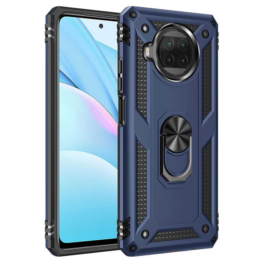 Xiaomi Redmi Note 9 Pro 5G Kılıf Vega Tank Sert Yüzüklü Standlı Zırh Koruma Kapak Mavi
