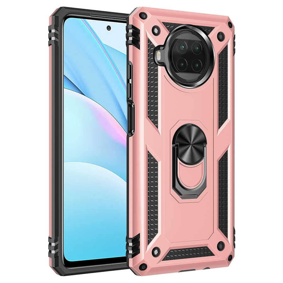Xiaomi Redmi Note 9 Pro 5G Kılıf Vega Tank Sert Yüzüklü Standlı Zırh Koruma Kapak Rose Gold