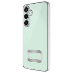 Samsung Galaxy S24 FE Kılıf Logo Gösteren Parlak Kenarlı Kamera Lens Korumalı Şeffaf Omega Silikon Kapak Gümüş