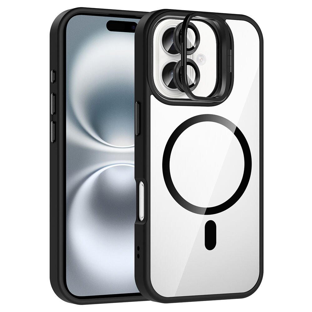 iPhone 16 Plus Kılıf Standlı ve Kamera Lens Hediyeli Kablosuz Şarj Özellikli Etro Kapak Siyah
