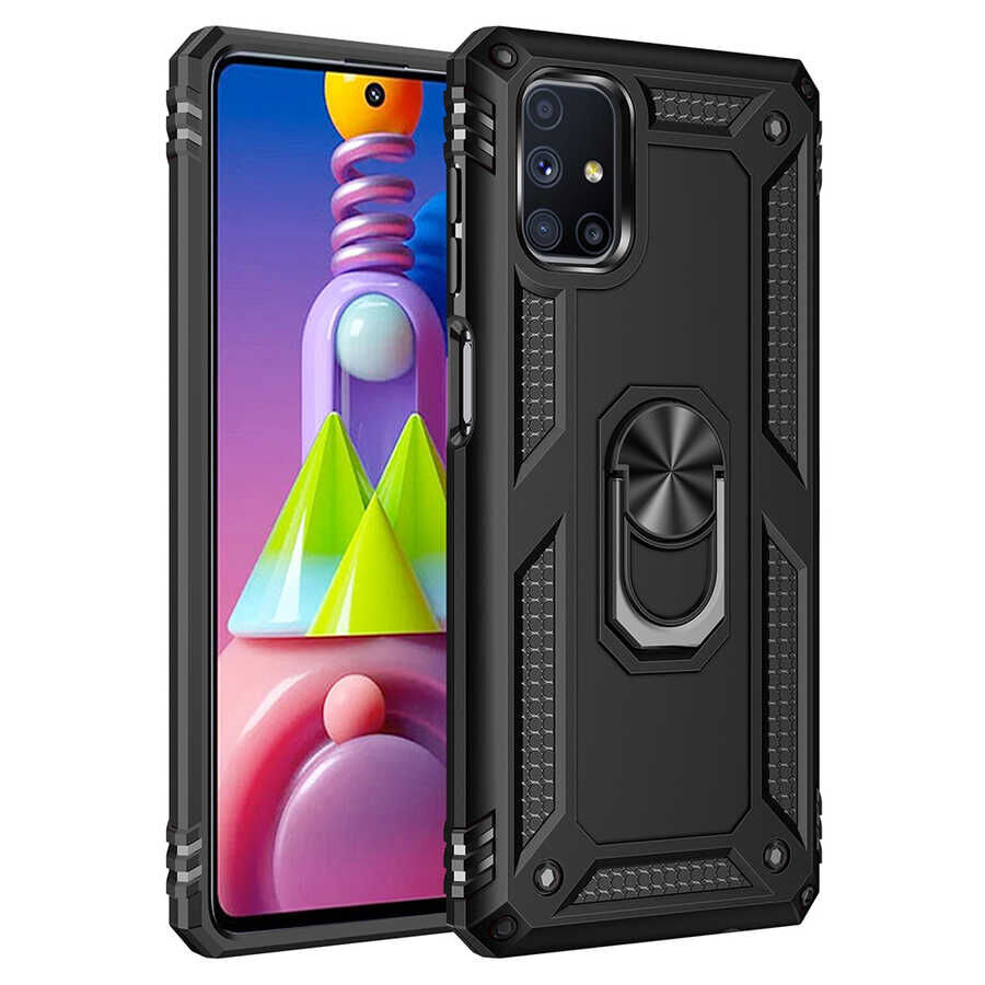 Samsung Galaxy M51 Kılıf Vega Tank Sert Yüzüklü Standlı Zırh Koruma Kapak Siyah