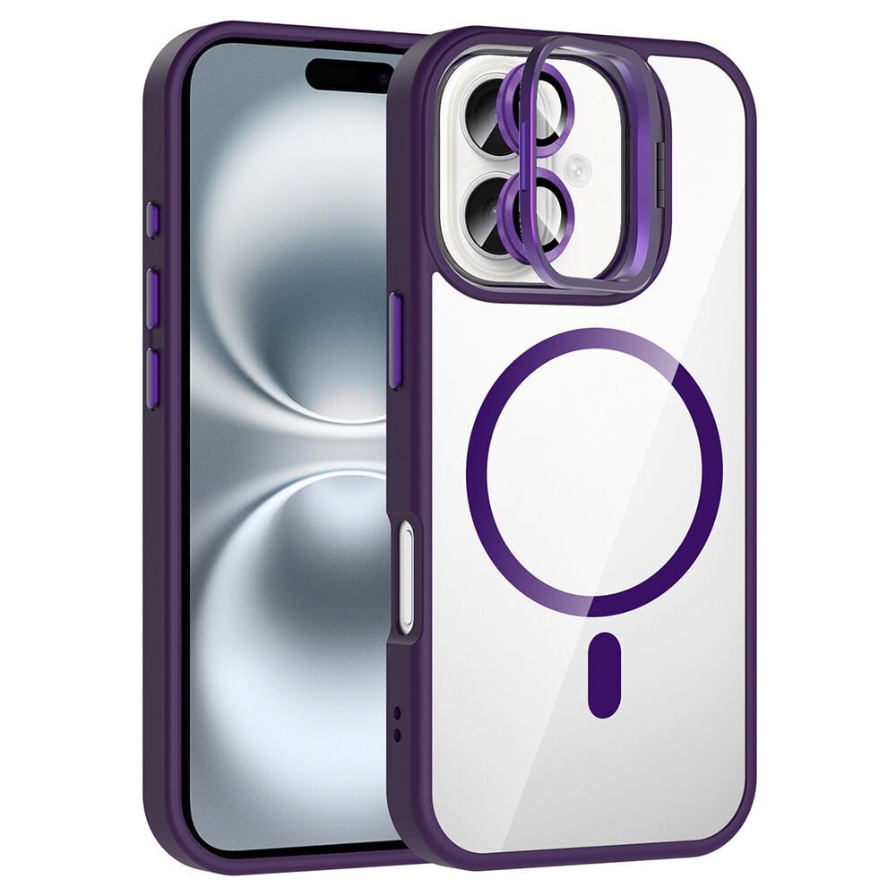 iPhone 16 Plus Kılıf Standlı ve Kamera Lens Hediyeli Kablosuz Şarj Özellikli Etro Kapak Derin Mor