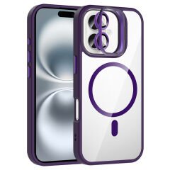 iPhone 16 Plus Kılıf Standlı ve Kamera Lens Hediyeli Kablosuz Şarj Özellikli Etro Kapak Derin Mor