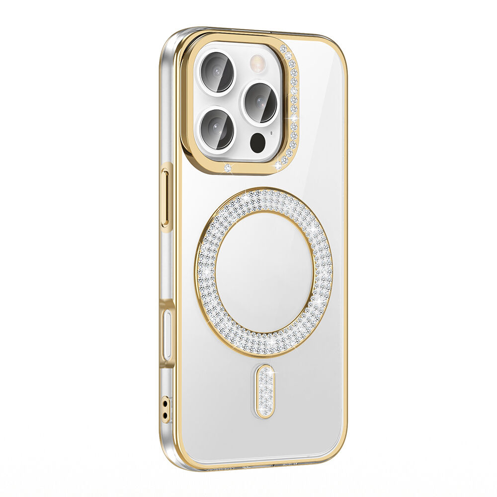 iPhone 16 Pro Kılıf Pırlanta Taş Tasarımlı Kablosuz Şarj Özellikli Karetta Silikon Kapak Gold