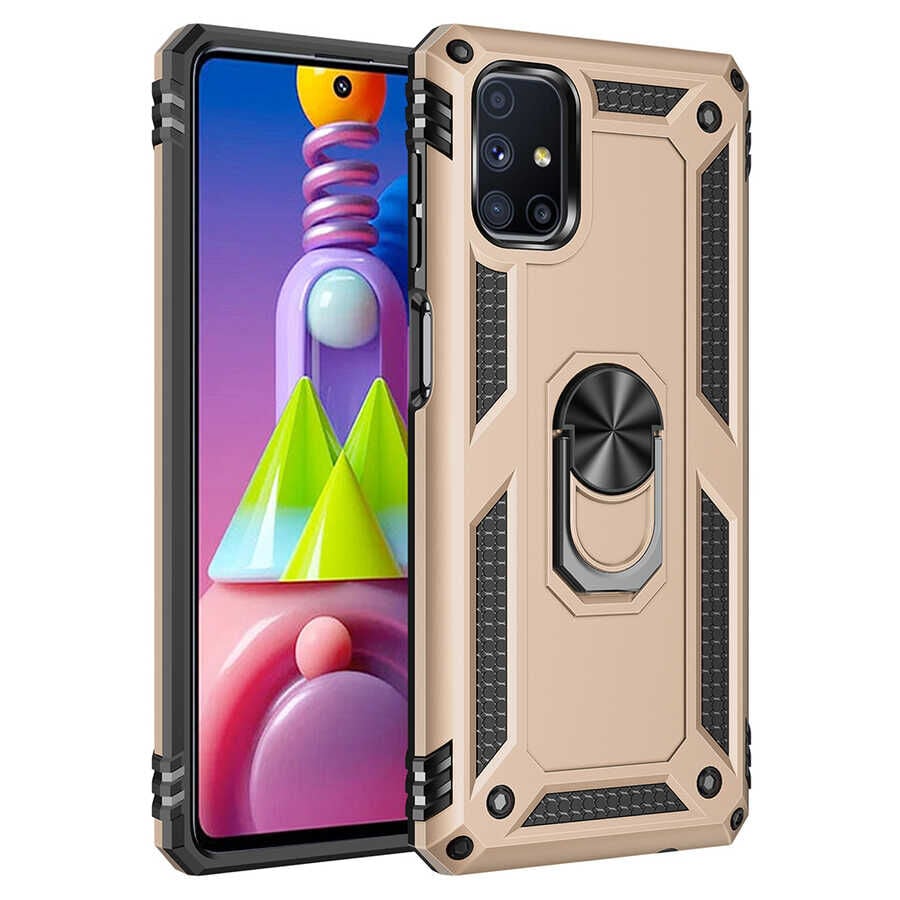 Samsung Galaxy M51 Kılıf Vega Tank Sert Yüzüklü Standlı Zırh Koruma Kapak Gold