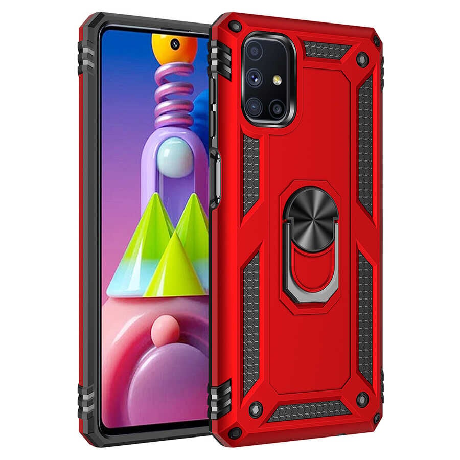 Samsung Galaxy M51 Kılıf Vega Tank Sert Yüzüklü Standlı Zırh Koruma Kapak Kırmızı