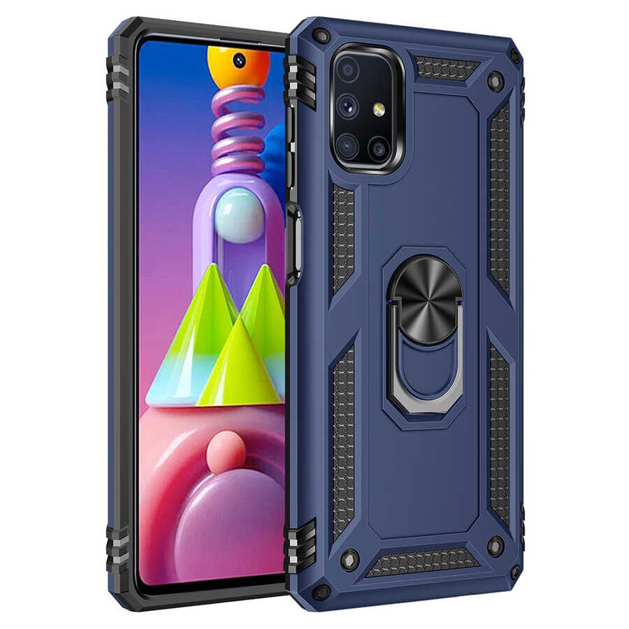 Samsung Galaxy M51 Kılıf Vega Tank Sert Yüzüklü Standlı Zırh Koruma Kapak Mavi