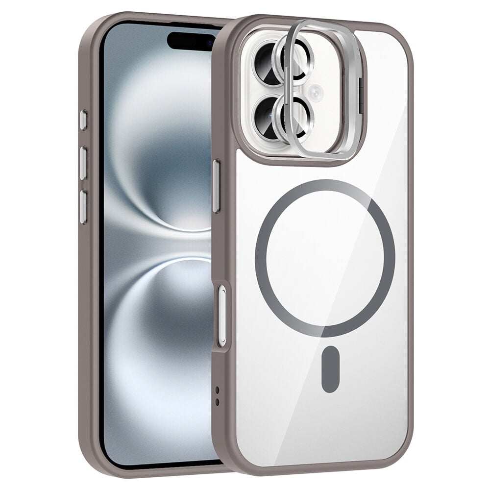 iPhone 16 Plus Kılıf Standlı ve Kamera Lens Hediyeli Kablosuz Şarj Özellikli Etro Kapak Gri