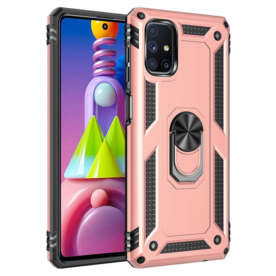 Samsung Galaxy M51 Kılıf Vega Tank Sert Yüzüklü Standlı Zırh Koruma Kapak Rose Gold