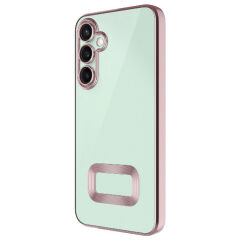 Samsung Galaxy A36 Logo Gösteren Parlak Kenarlı Kamera Lens Korumalı Şeffaf Omega Silikon Kapak Rose Gold