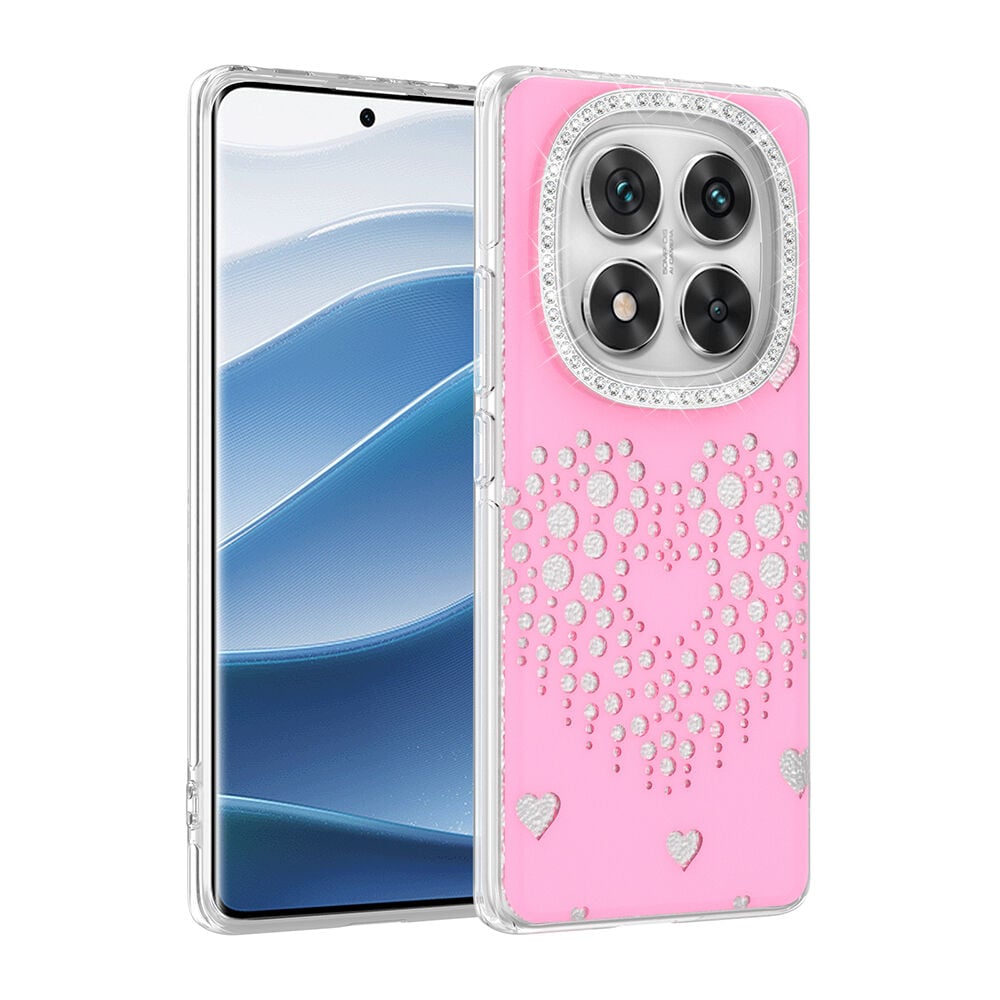 Xiaomi Redmi Note 14 Pro 4G Uyumlu Kalpli Işıltılı Damla Taşlı Şeffaf Kenarlı Rivas Sert PC Koruyucu Telefon Kılıf