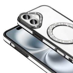 iPhone 16 Plus Kılıf Pırlanta Taş Tasarımlı Kablosuz Şarj Özellikli Karetta Silikon Kapak