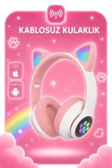 Bluetooth Kulaklık Kulak Üstü Kedi Tasarımlı Kablosuz Kulaklık HD90 Pembe