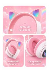 Bluetooth Kulaklık Kulak Üstü Kedi Tasarımlı Kablosuz Kulaklık HD90 Pembe