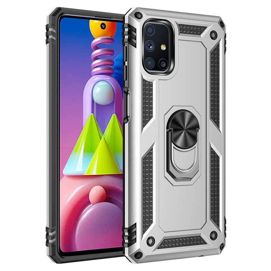 Samsung Galaxy M51 Kılıf Vega Tank Sert Yüzüklü Standlı Zırh Koruma Kapak Gri