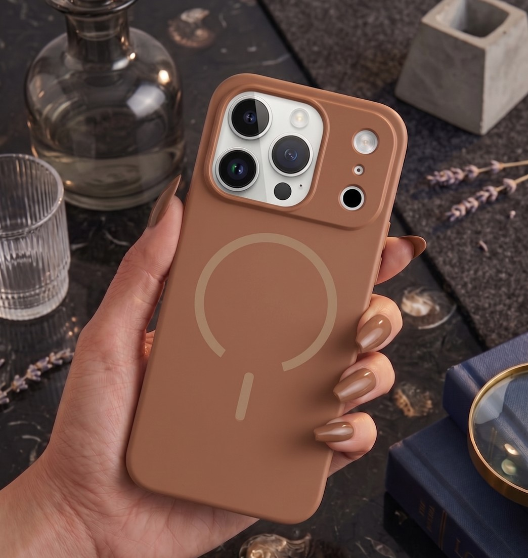 iPhone 17 Pro Max Kılıf Meta Lansman Magsafe Kamera Korumalı içi Kadife Yumuşak Renkli Süet Silikon Kahverengi