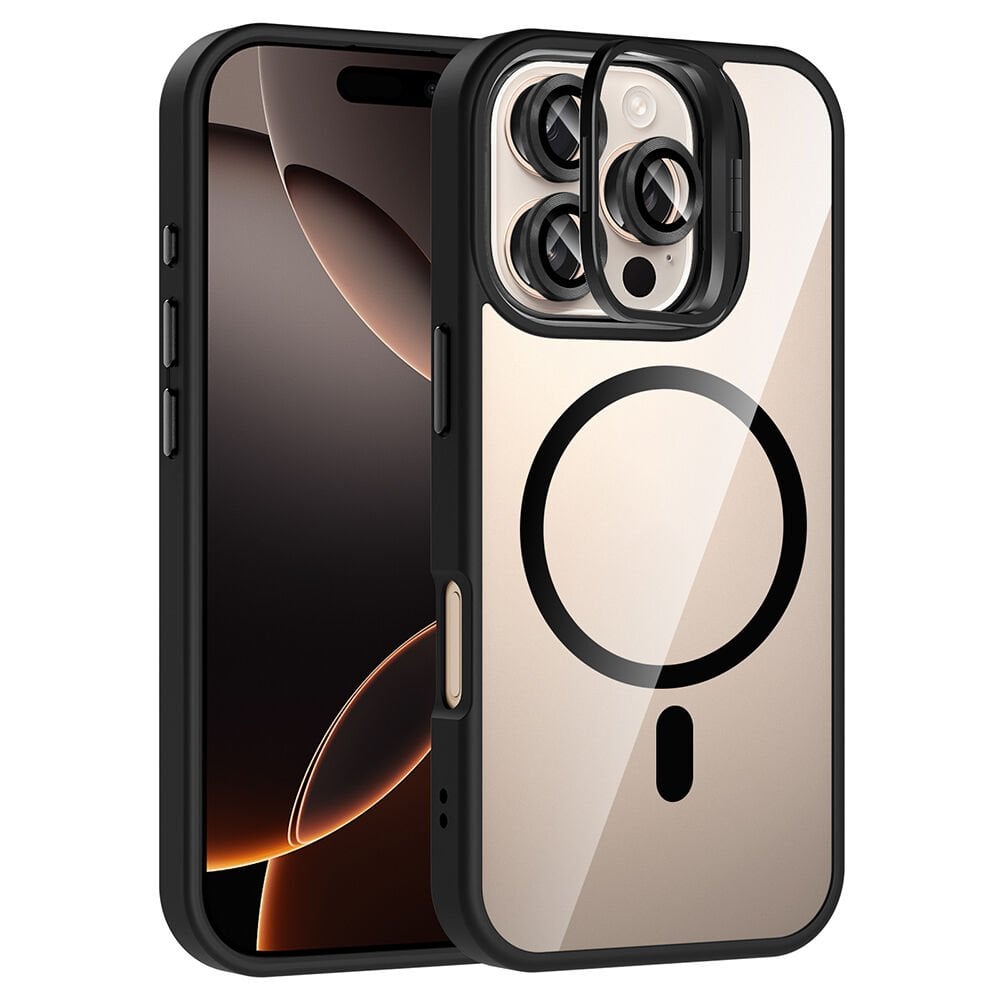 iPhone 16 Pro Kılıf Standlı ve Kamera Lens Hediyeli Kablosuz Şarj Özellikli Etro Kapak Siyah