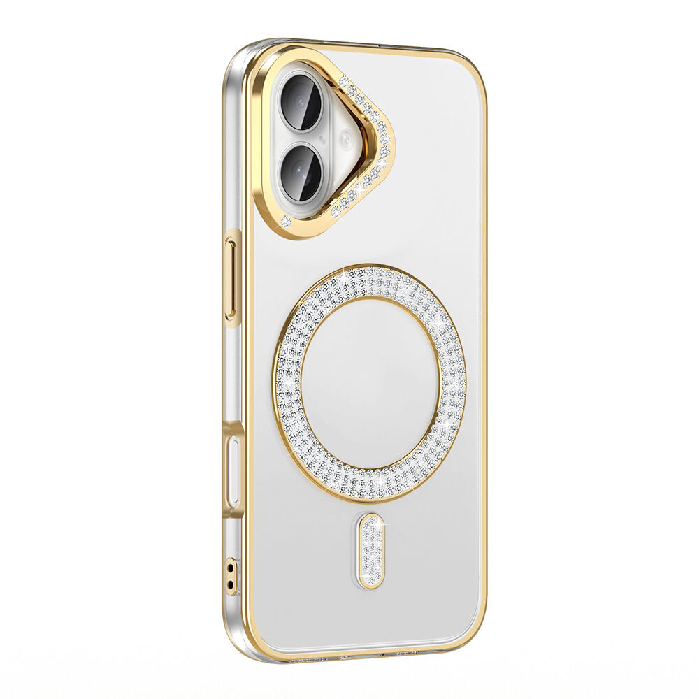 iPhone 16 Plus Kılıf Pırlanta Taş Tasarımlı Kablosuz Şarj Özellikli Karetta Silikon Kapak Gold