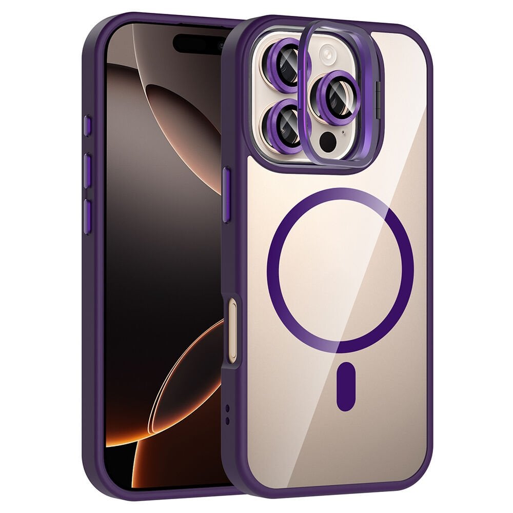 iPhone 16 Pro Kılıf Standlı ve Kamera Lens Hediyeli Kablosuz Şarj Özellikli Etro Kapak Derin Mor
