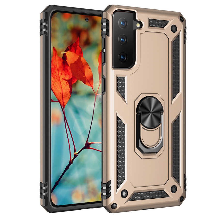 Samsung Galaxy S21 Kılıf Vega Tank Sert Yüzüklü Standlı Zırh Koruma Kapak Gold