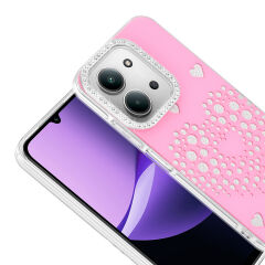 Xiaomi Redmi 15C Uyumlu Kalpli Işıltılı Damla Taşlı Şeffaf Kenarlı Rivas Sert PC Koruyucu Telefon Kılıf
