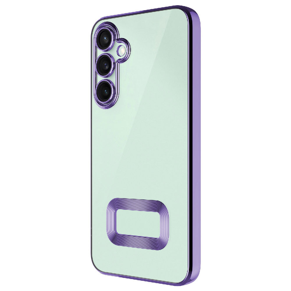 Samsung Galaxy A56 Logo Gösteren Parlak Kenarlı Kamera Lens Korumalı Şeffaf Omega Silikon Kapak Lila