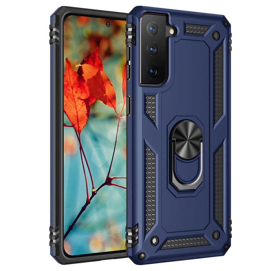 Samsung Galaxy S21 Kılıf Vega Tank Sert Yüzüklü Standlı Zırh Koruma Kapak Mavi