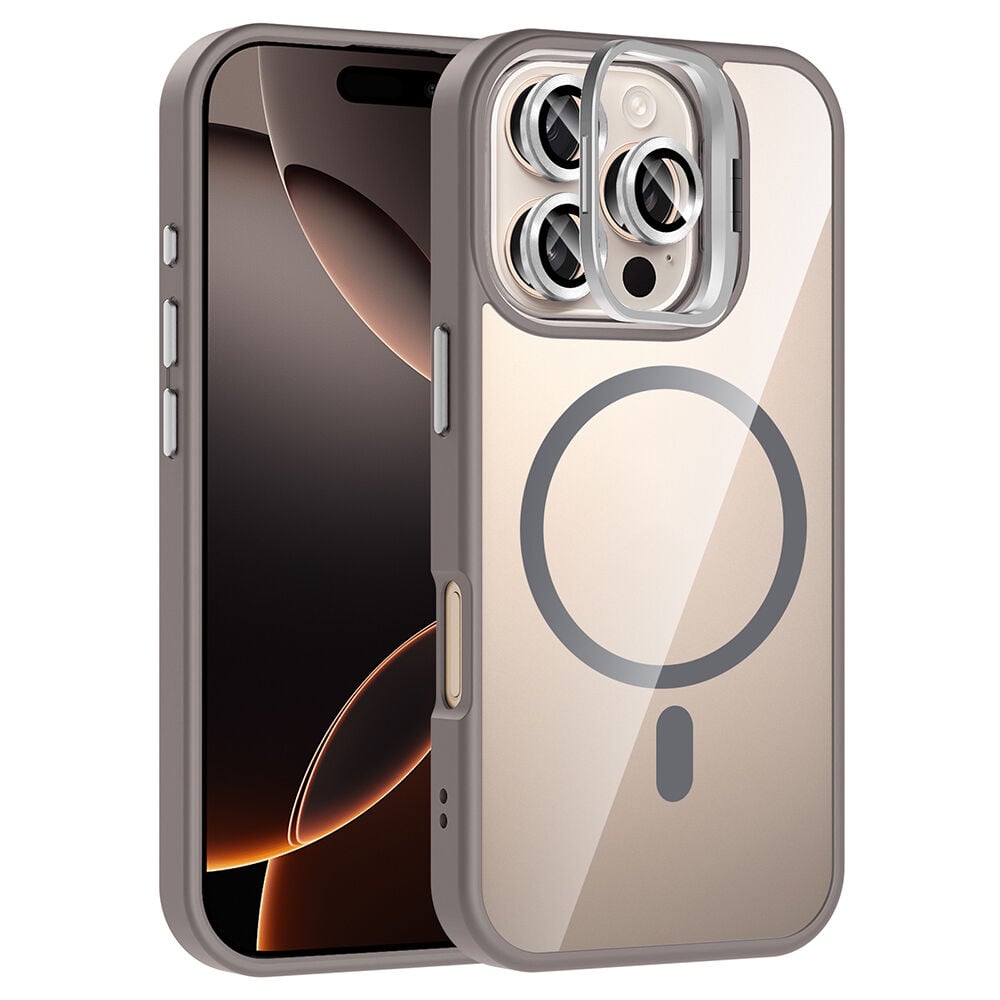 iPhone 16 Pro Kılıf Standlı ve Kamera Lens Hediyeli Kablosuz Şarj Özellikli Etro Kapak Gri