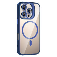 iPhone 16 Pro Max Kılıf Standlı ve Kamera Lens Hediyeli Kablosuz Şarj Özellikli Etro Kapak Lacivert