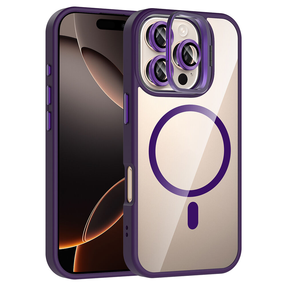 iPhone 16 Pro Max Kılıf Standlı ve Kamera Lens Hediyeli Kablosuz Şarj Özellikli Etro Kapak Derin Mor