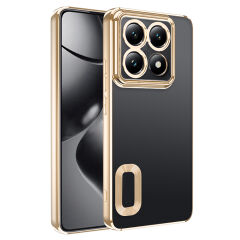 Xiaomi 14T Pro Kılıf Logo Gösteren Parlak Kenarlı Kamera Lens Korumalı Şeffaf Omega Silikon Kapak Rose Gold