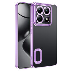 Xiaomi 14T Pro Kılıf Logo Gösteren Parlak Kenarlı Kamera Lens Korumalı Şeffaf Omega Silikon Kapak Rose Gold