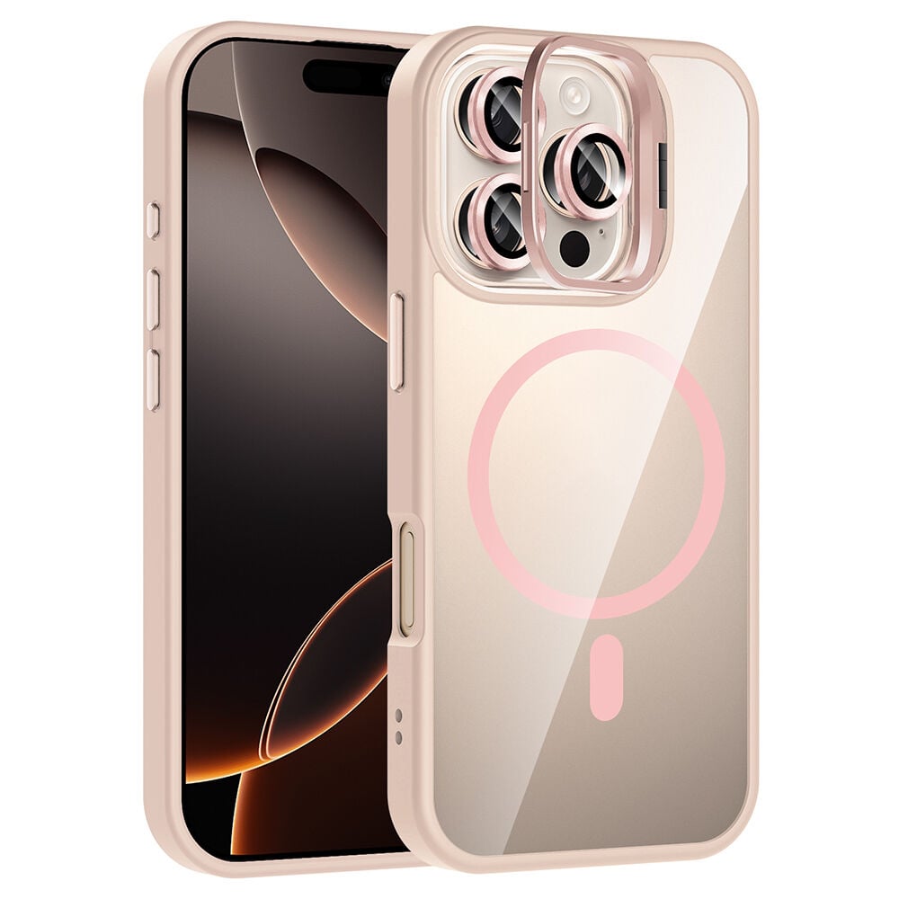 iPhone 16 Pro Max Kılıf Standlı ve Kamera Lens Hediyeli Kablosuz Şarj Özellikli Etro Kapak Pembe