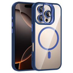 iPhone 16 Pro Max Kılıf Standlı ve Kamera Lens Hediyeli Kablosuz Şarj Özellikli Etro Kapak Lacivert
