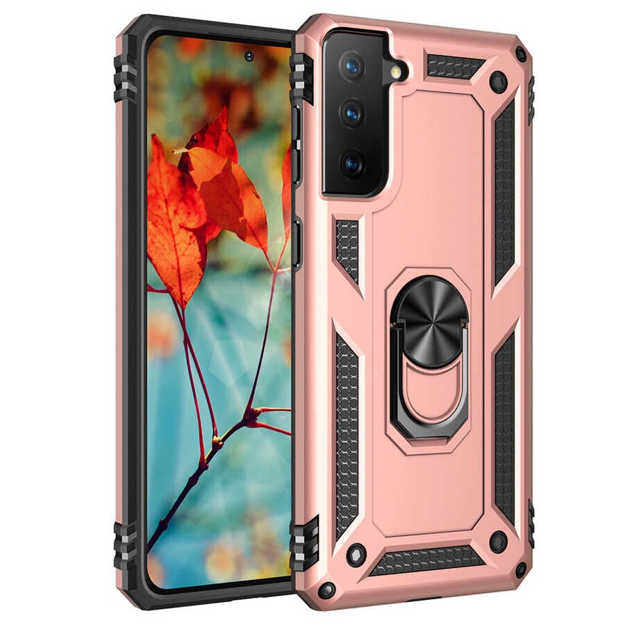 Samsung Galaxy S21 Plus Kılıf Vega Tank Sert Yüzüklü Standlı Zırh Koruma Kapak Rose Gold