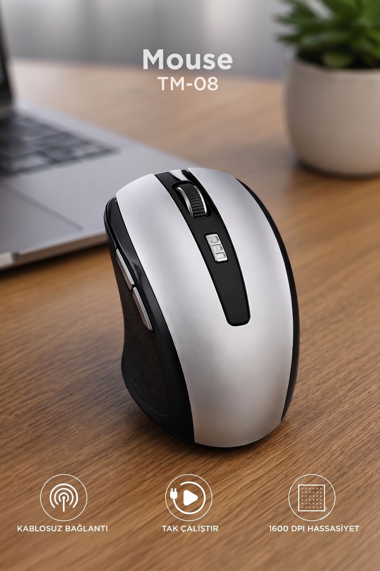 Mouse Yan Tuşlu Optik Kablosuz Fare TM08 Gri