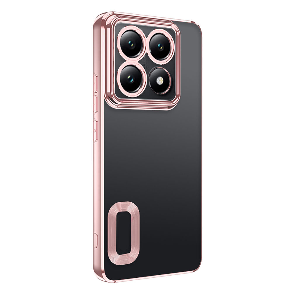 Xiaomi 14T Pro Kılıf Logo Gösteren Parlak Kenarlı Kamera Lens Korumalı Şeffaf Omega Silikon Kapak Rose Gold